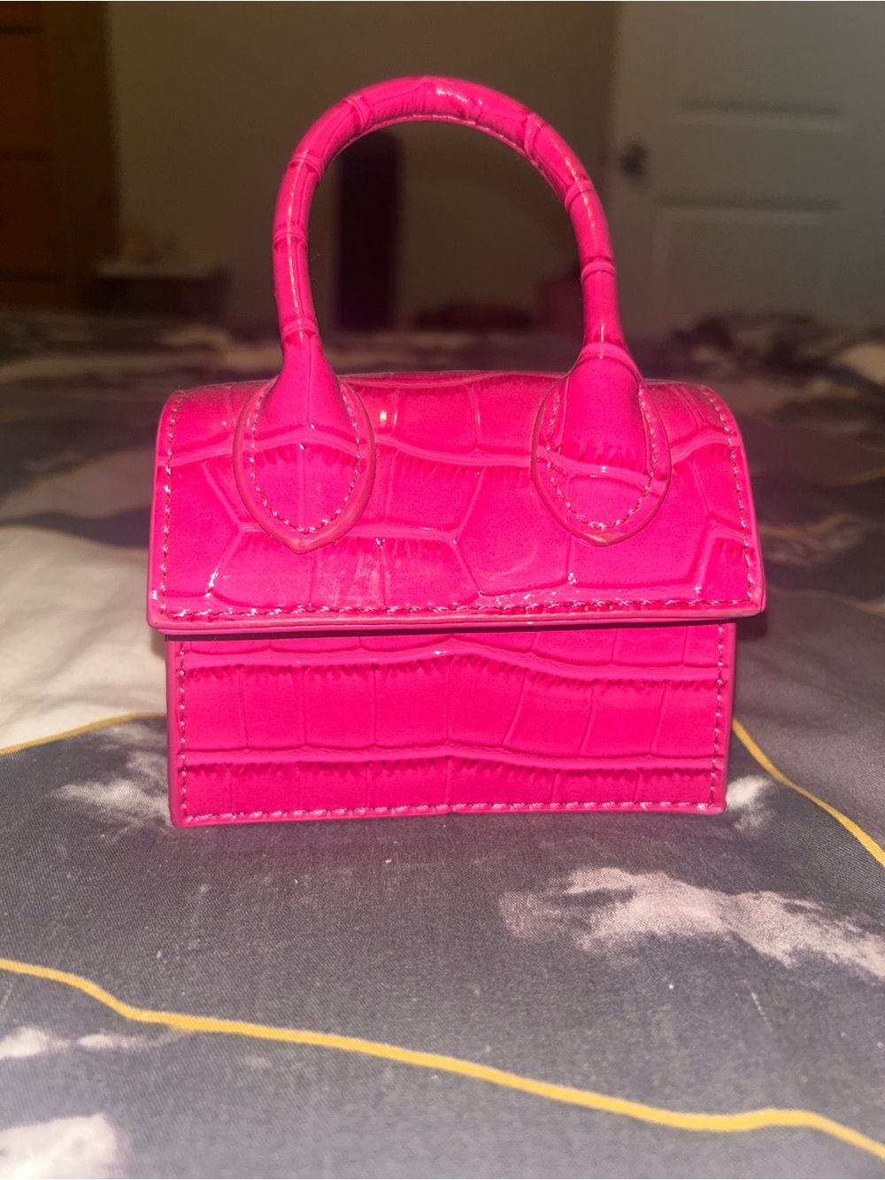 Hot Pink Croc-Embossed Mini Top-Handle Bag